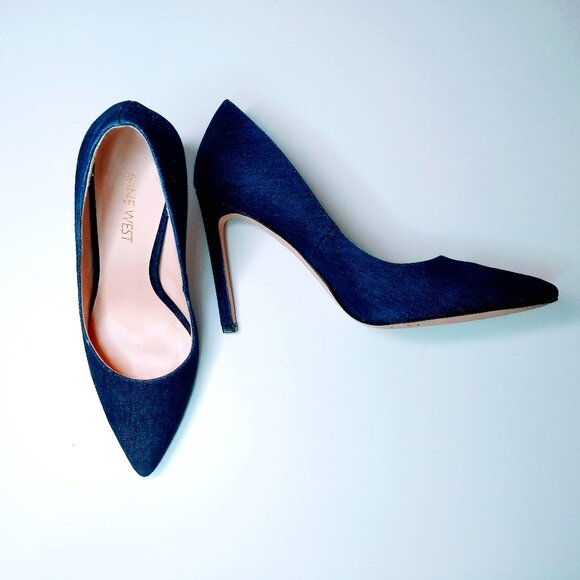 NINE WEST TATIANA STILETTO POINTY TOE BLUE DENIM DRESS PUMPS - Picture 3 of 13